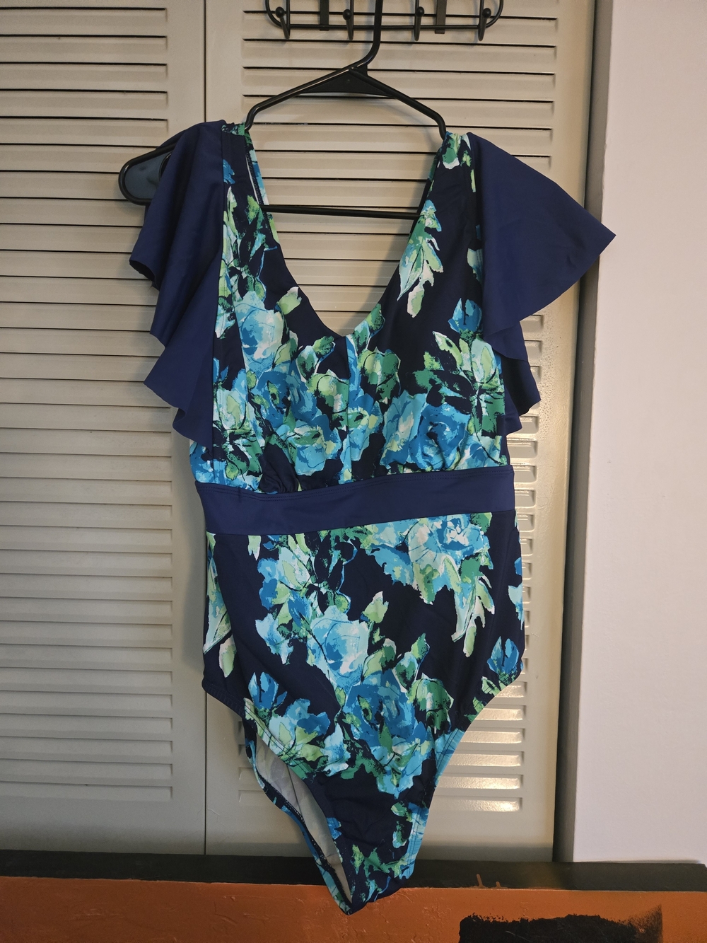Navy Blue Floral One-Piece Swim Suit with Flutter Sleeves